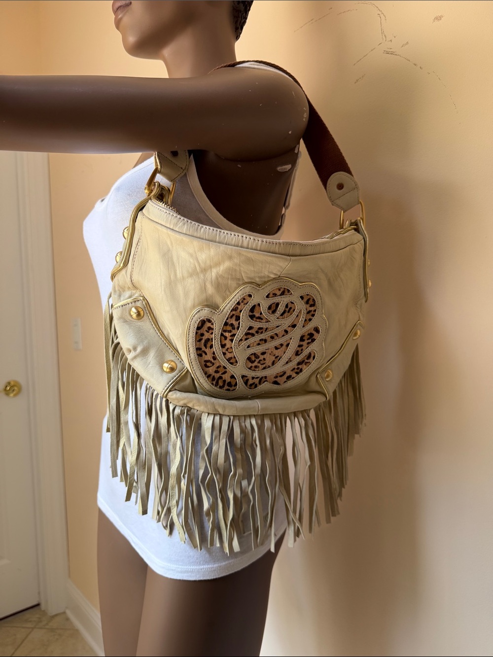 Betsey Johnson Cream Fringe Shoulder Bag with Leopard Rose Cutout - Picture 7 of 7